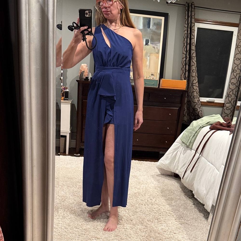 Chic One Shoulder Blue Dress front shirt size M great for vacay